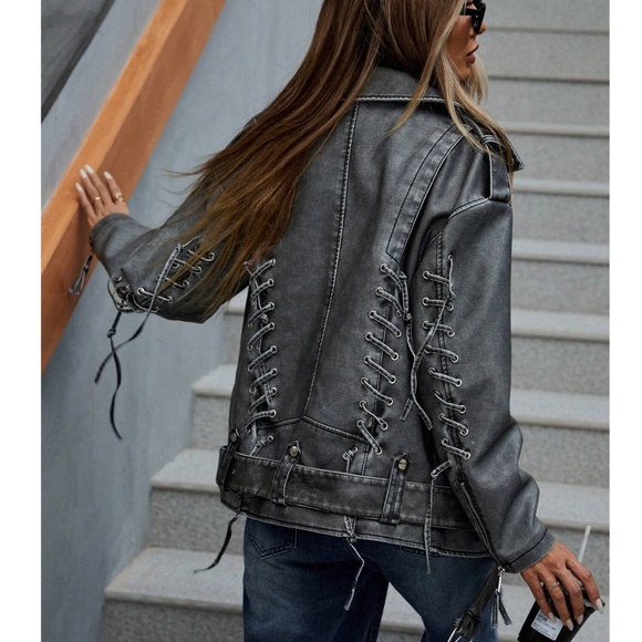 Luxe Vegan Leather Lace up Detail Pockets Moto Biker Jacket - Picture 1 of 6